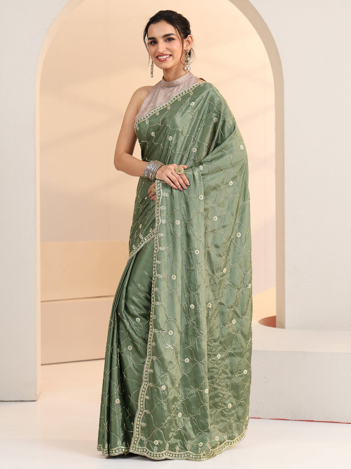 Mameraa Sage Green Floral Embellished Silk Blend Saree