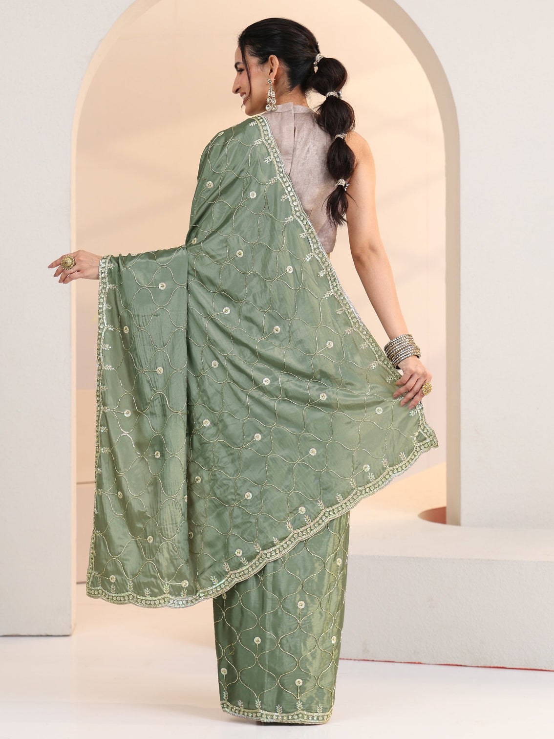 Mameraa Sage Green Floral Embellished Silk Blend Saree