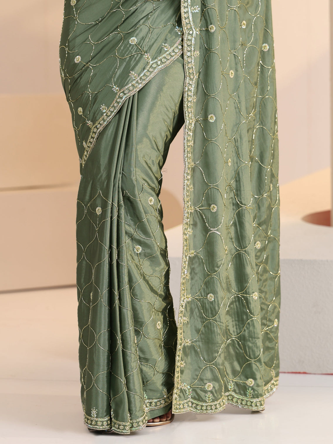 Mameraa Sage Green Floral Embellished Silk Blend Saree
