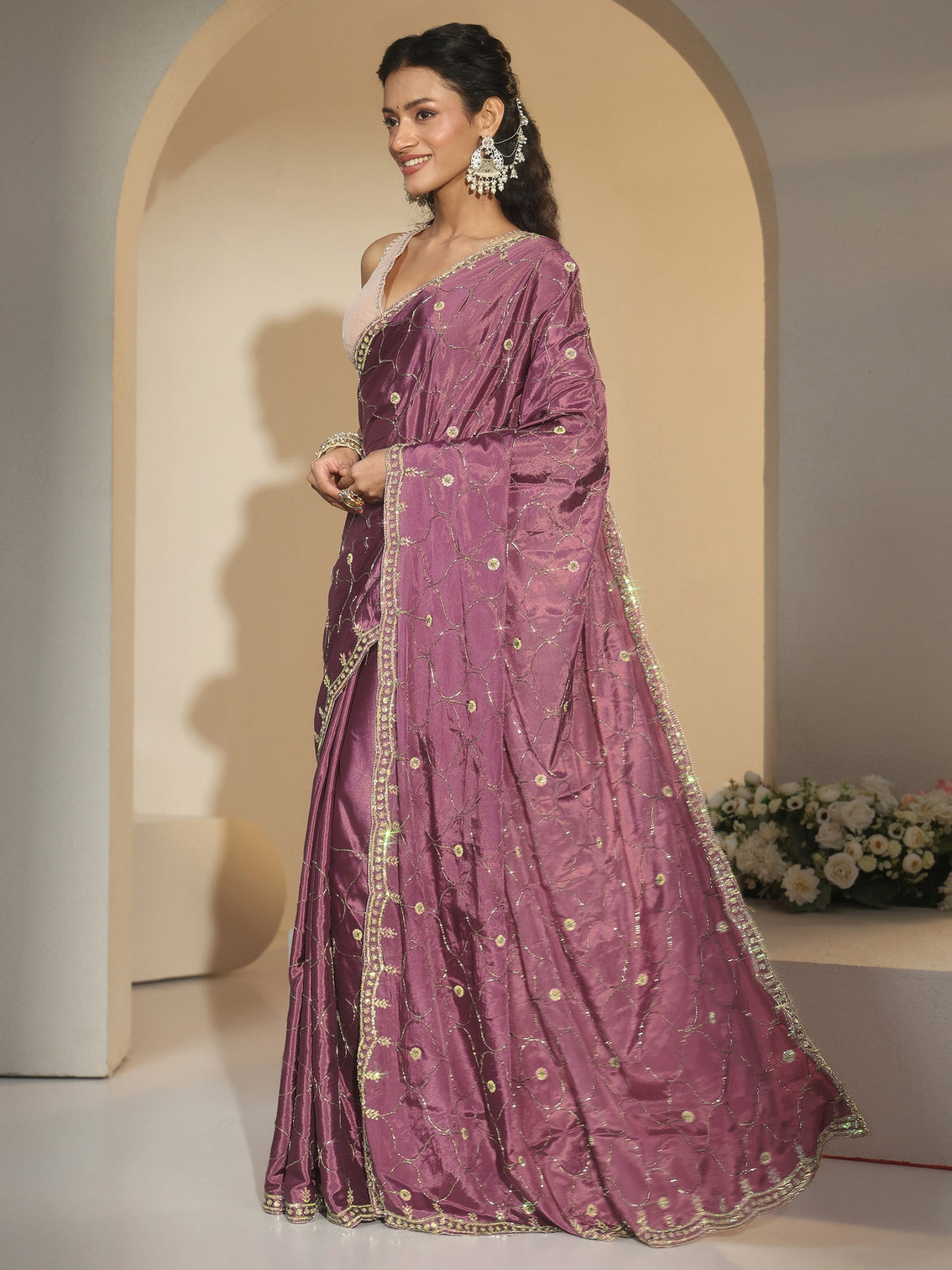 Mameraa Mauve Embellished Silk Blend Saree