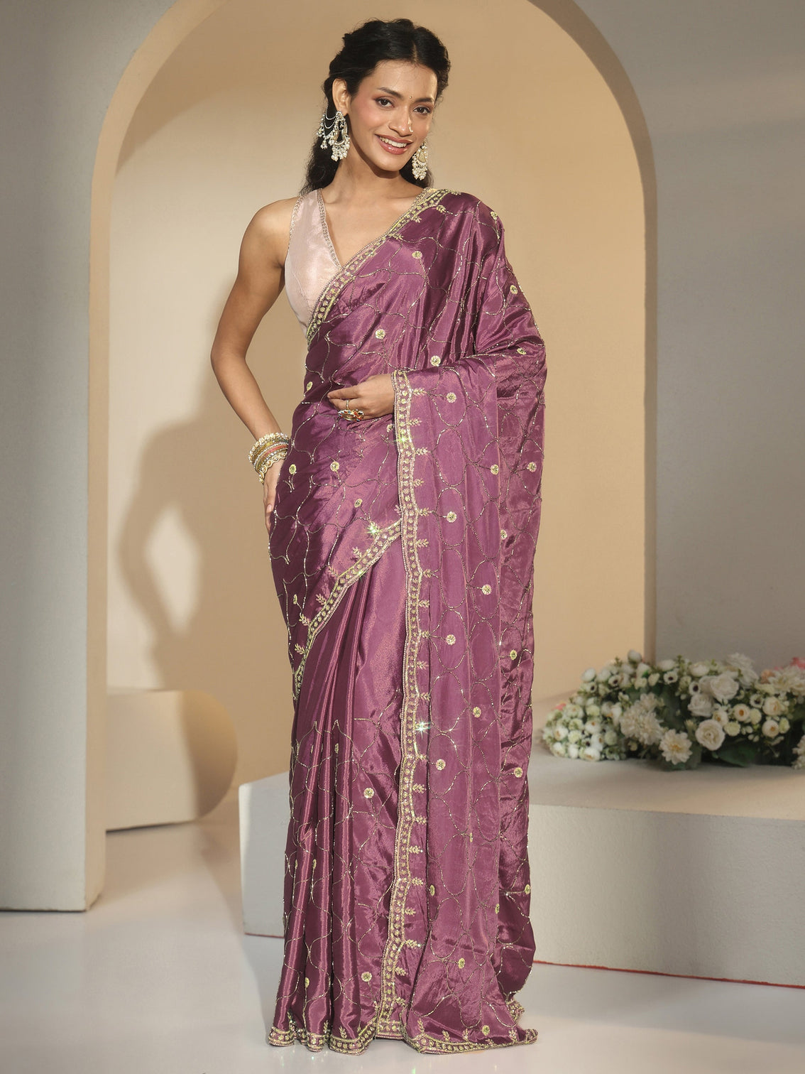 Mameraa Mauve Embellished Silk Blend Saree