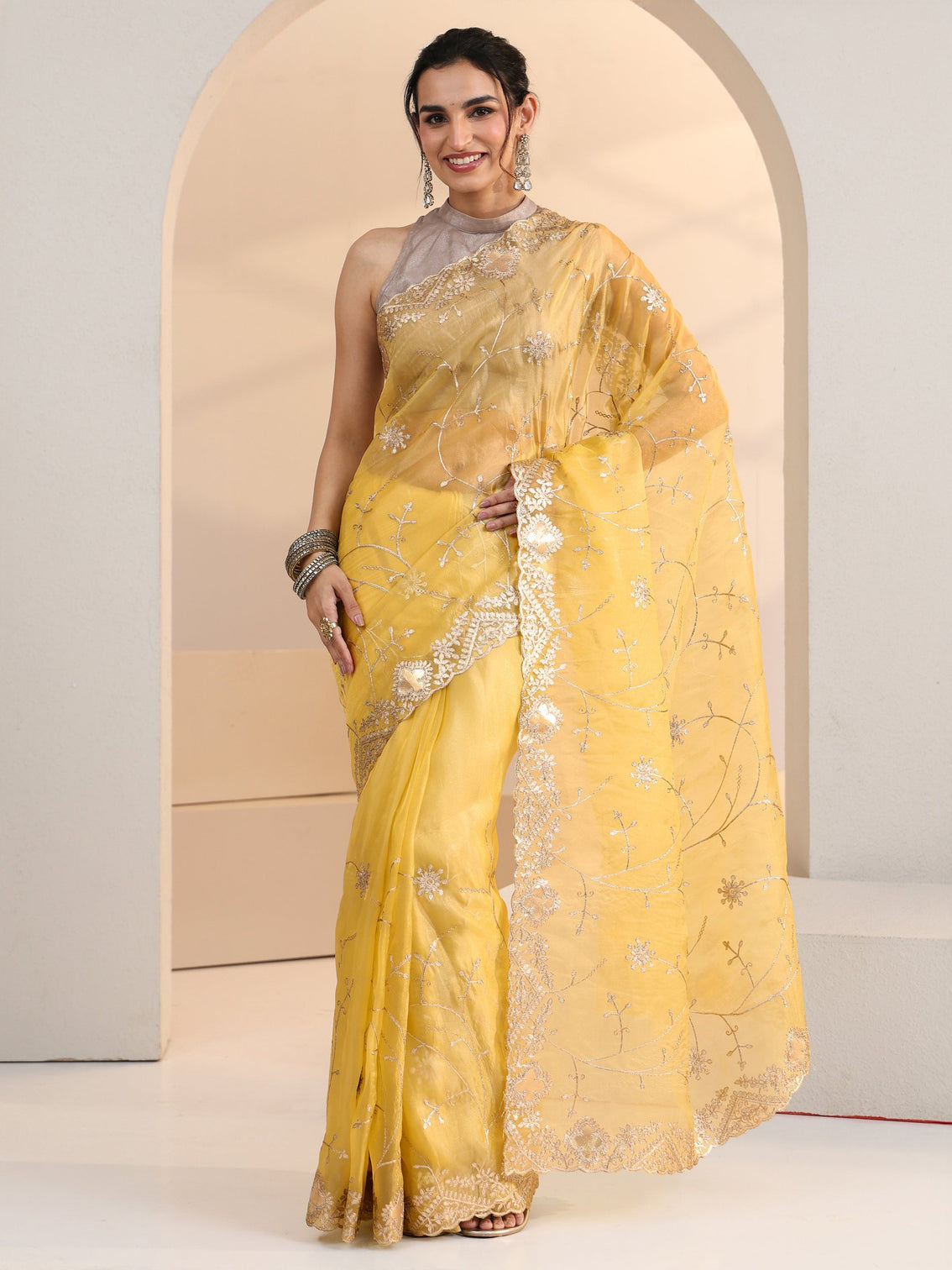 Mameraa Yellow Floral Embroidered Tissue Saree