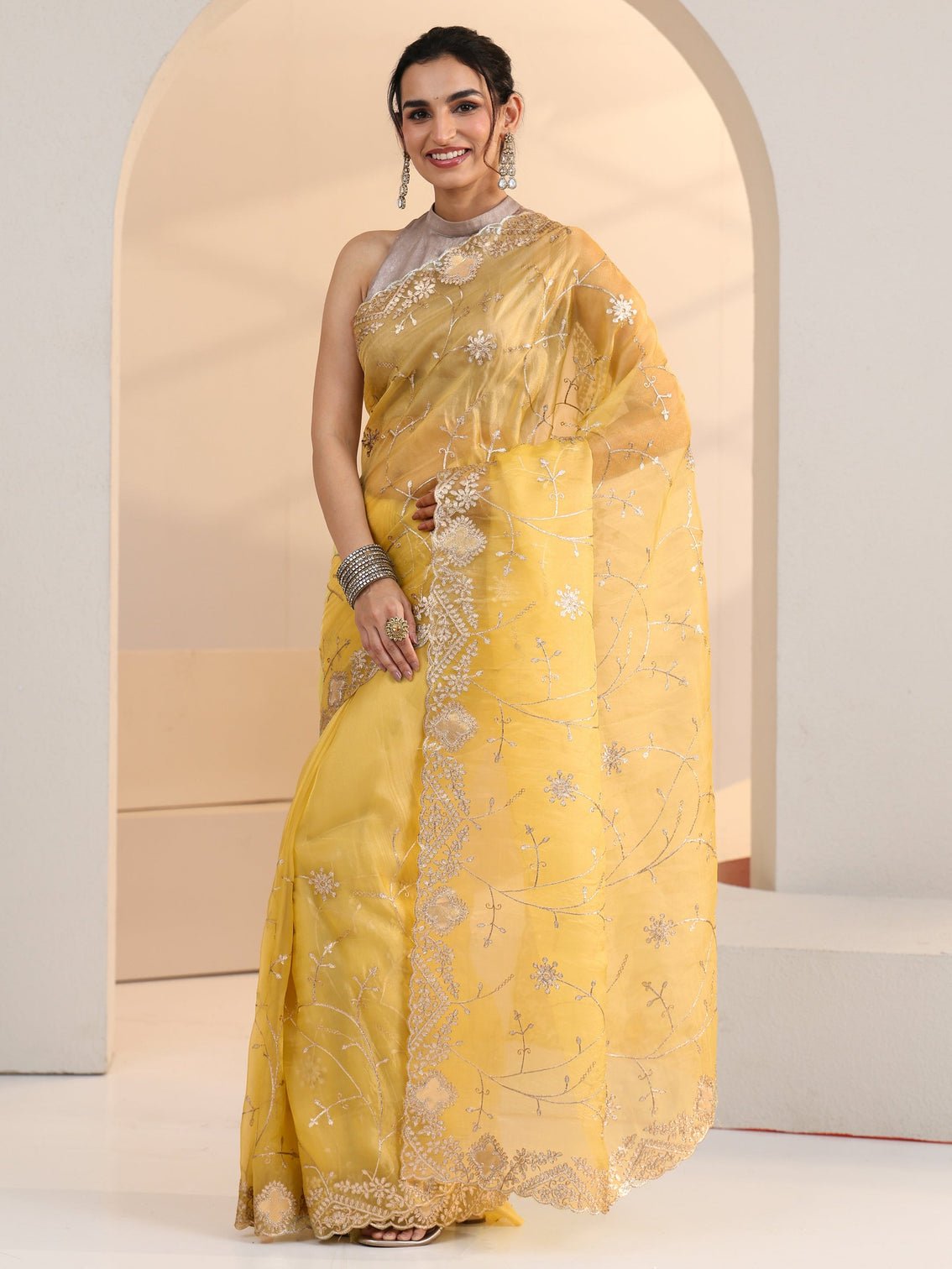 Mameraa Yellow Floral Embroidered Tissue Saree