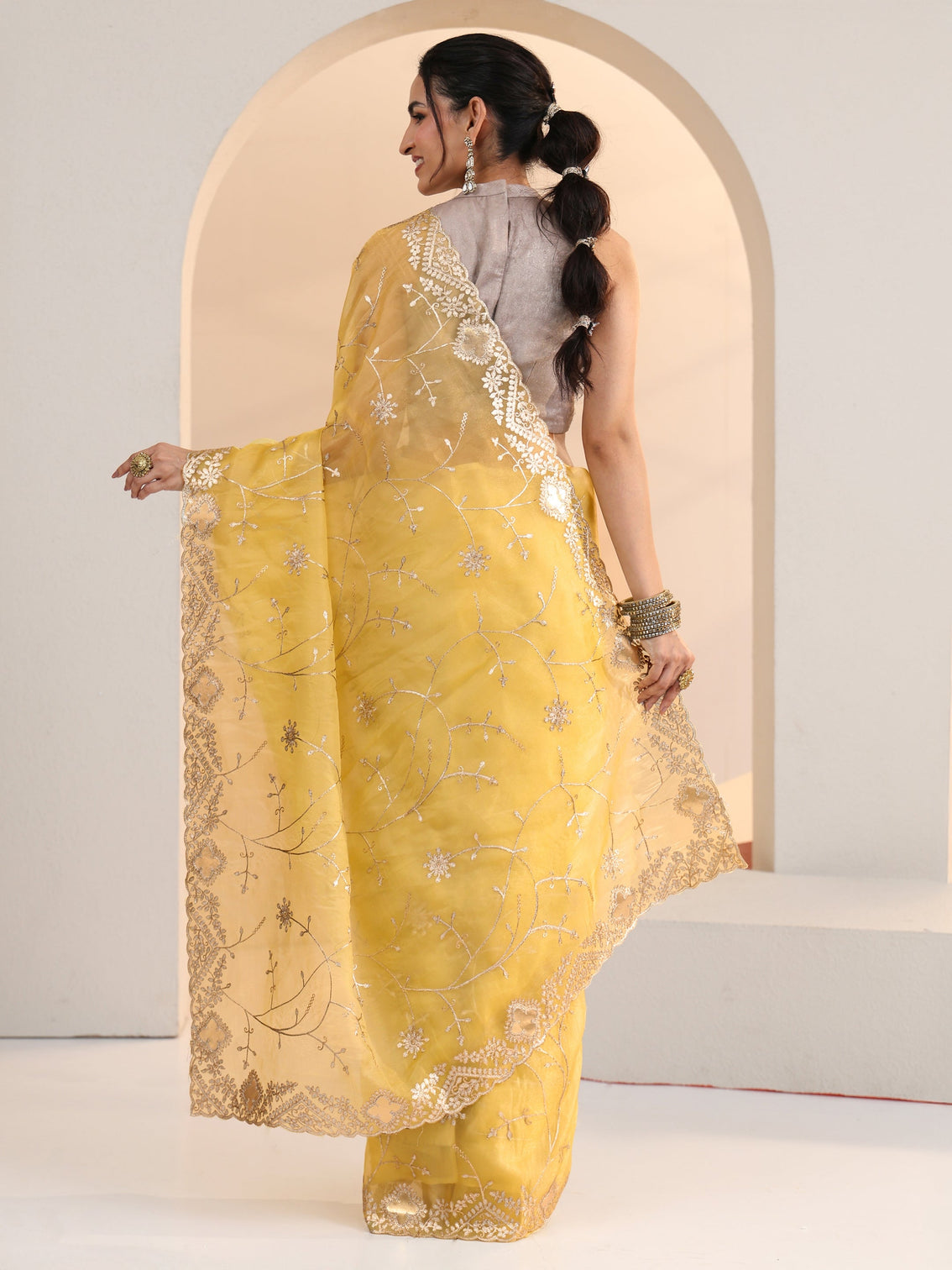 Mameraa Yellow Floral Embroidered Tissue Saree