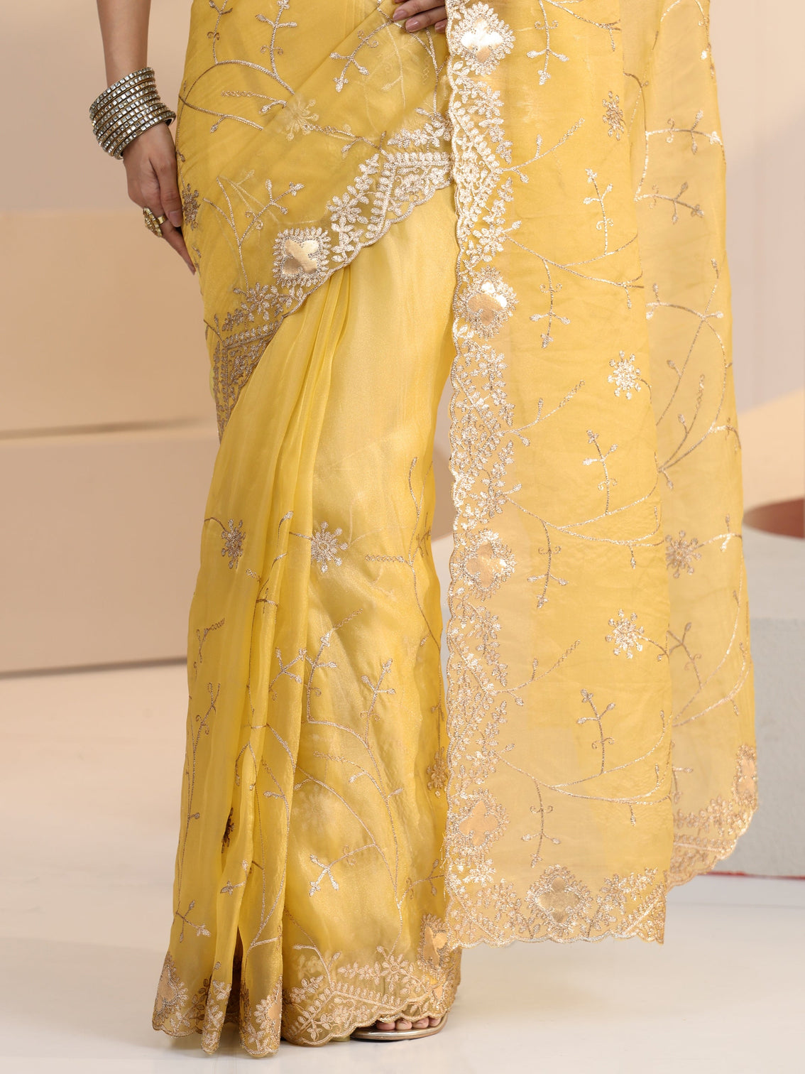 Mameraa Yellow Floral Embroidered Tissue Saree