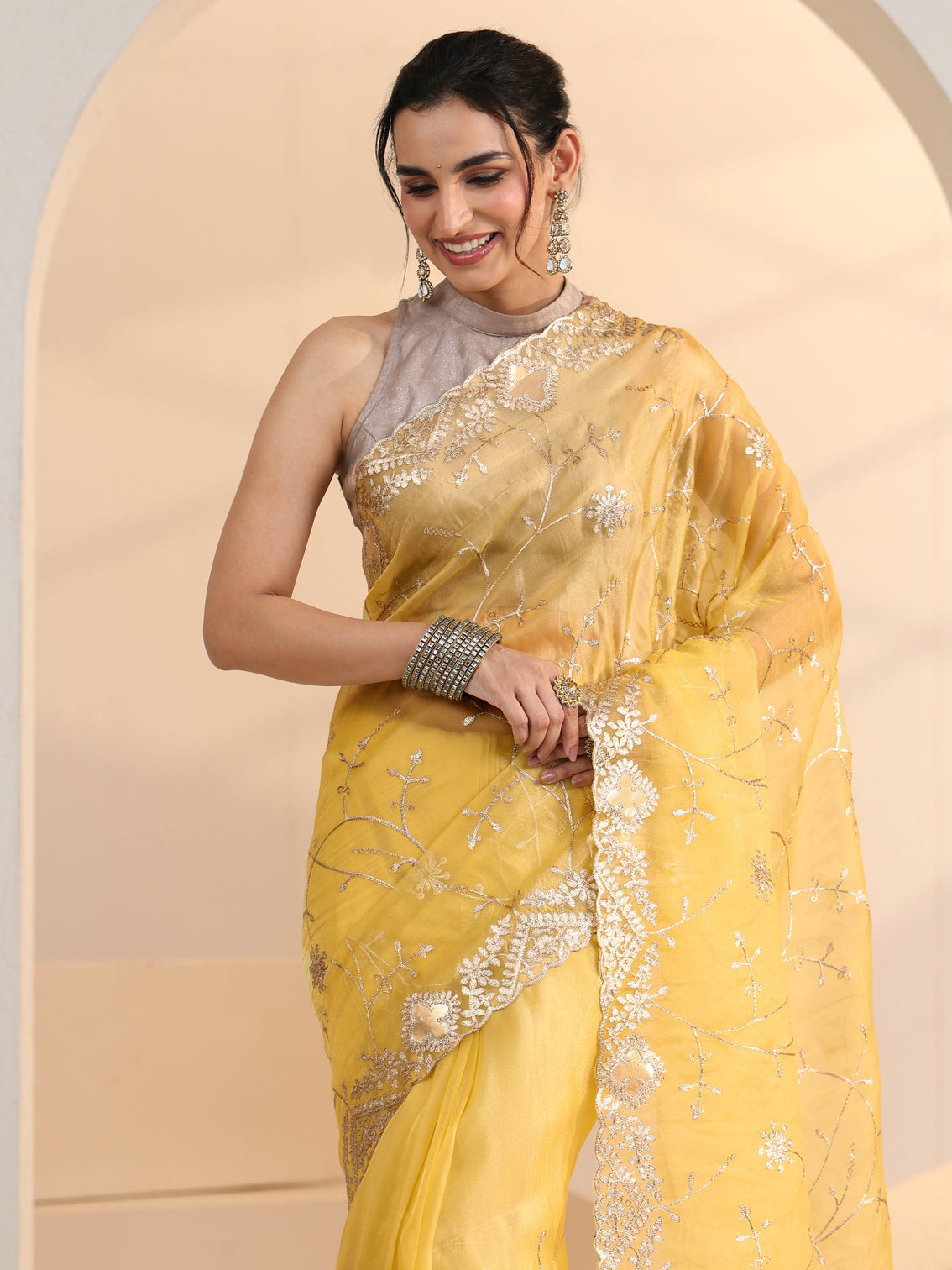 Mameraa Yellow Floral Embroidered Tissue Saree