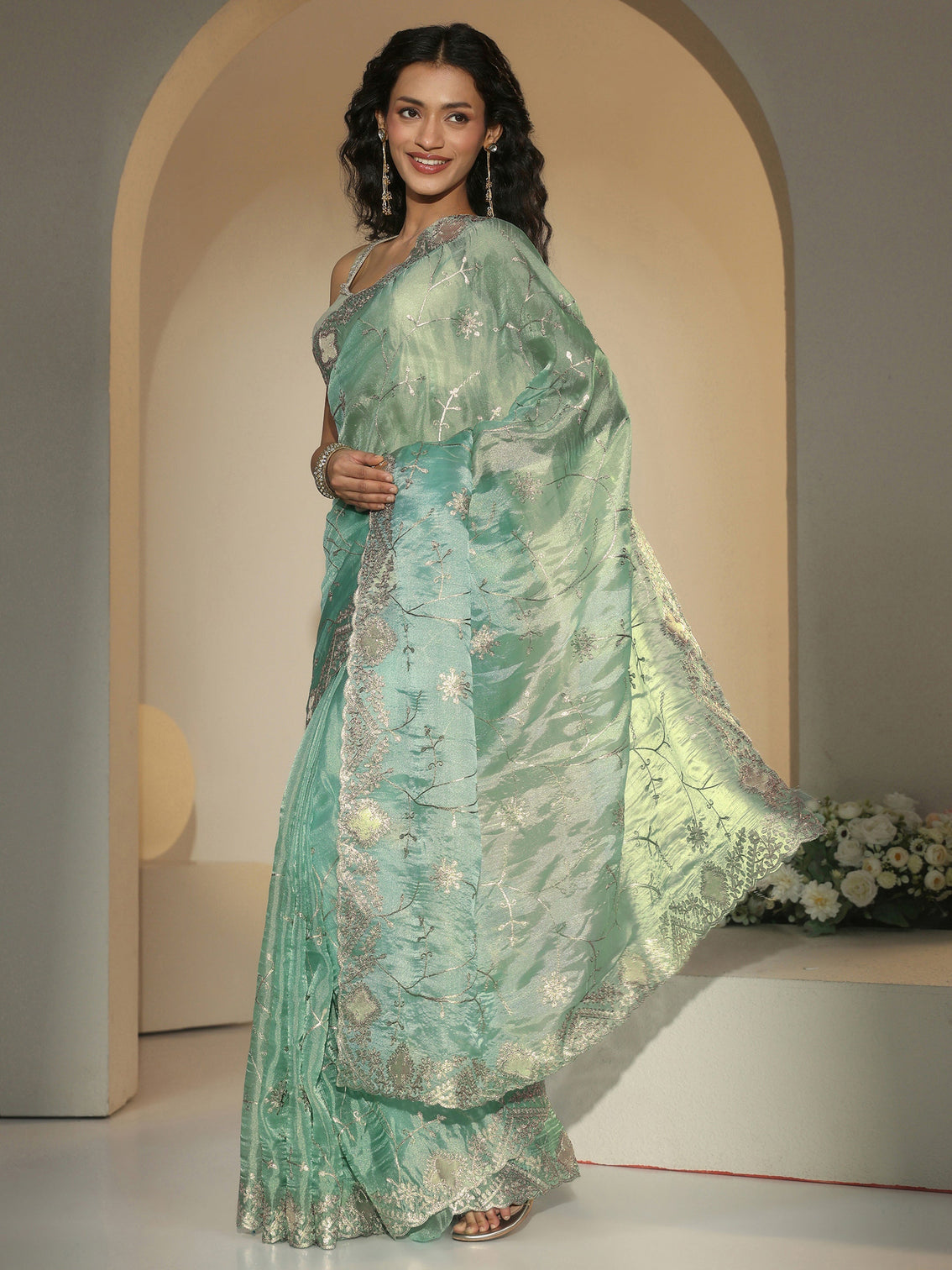 Mameraa Sea Green Floral Embroidered Tissue Saree