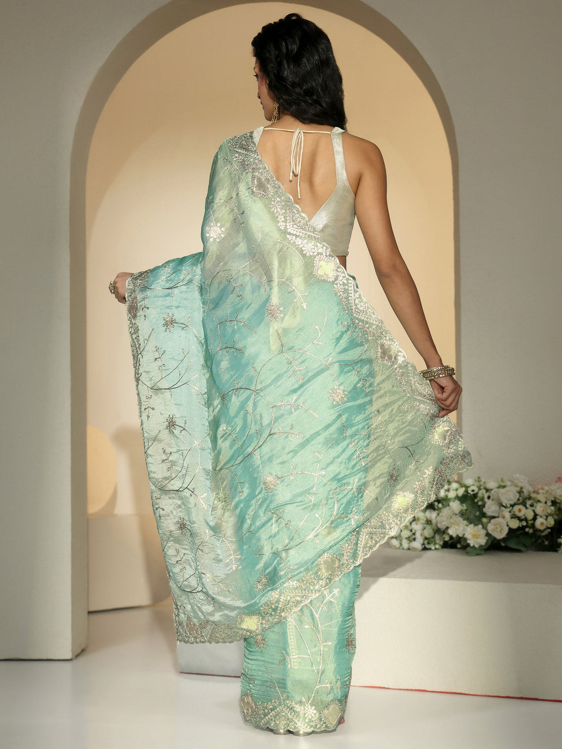 Mameraa Sea Green Floral Embroidered Tissue Saree