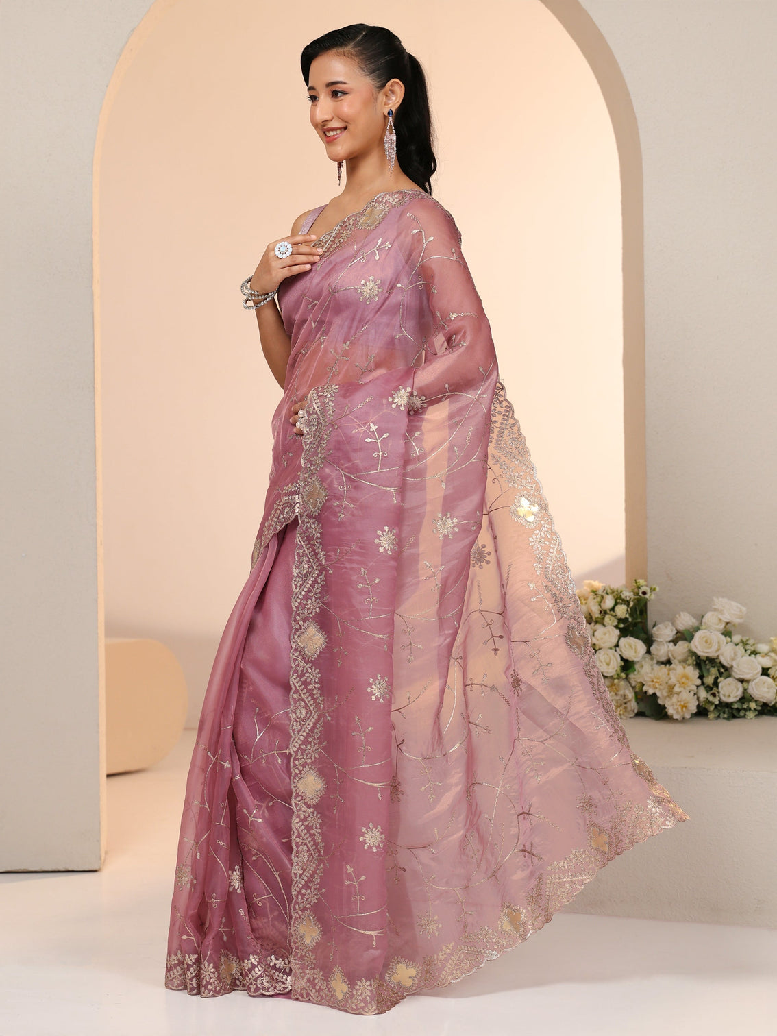 Mameraa Dusty Rose Pink Floral Embroidered Tissue Saree