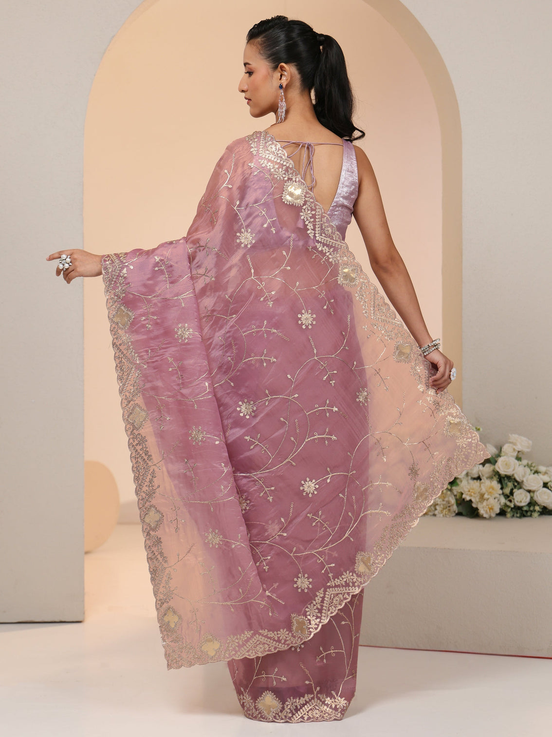 Mameraa Dusty Rose Pink Floral Embroidered Tissue Saree
