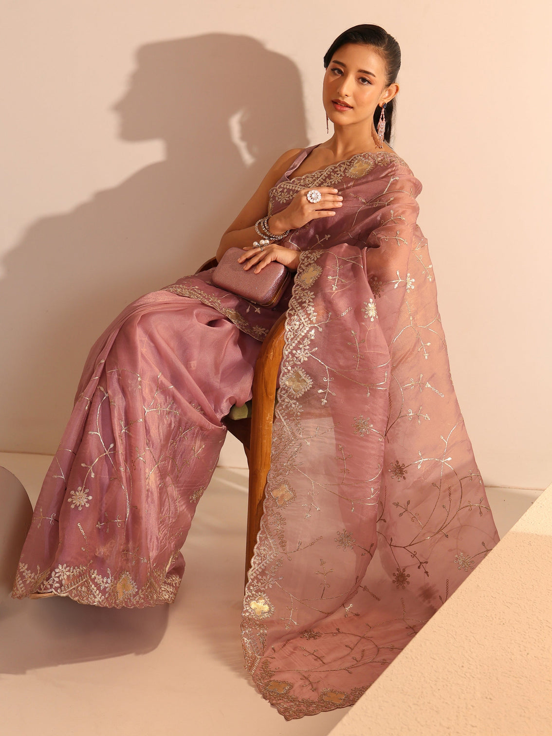 Mameraa Dusty Rose Pink Floral Embroidered Tissue Saree