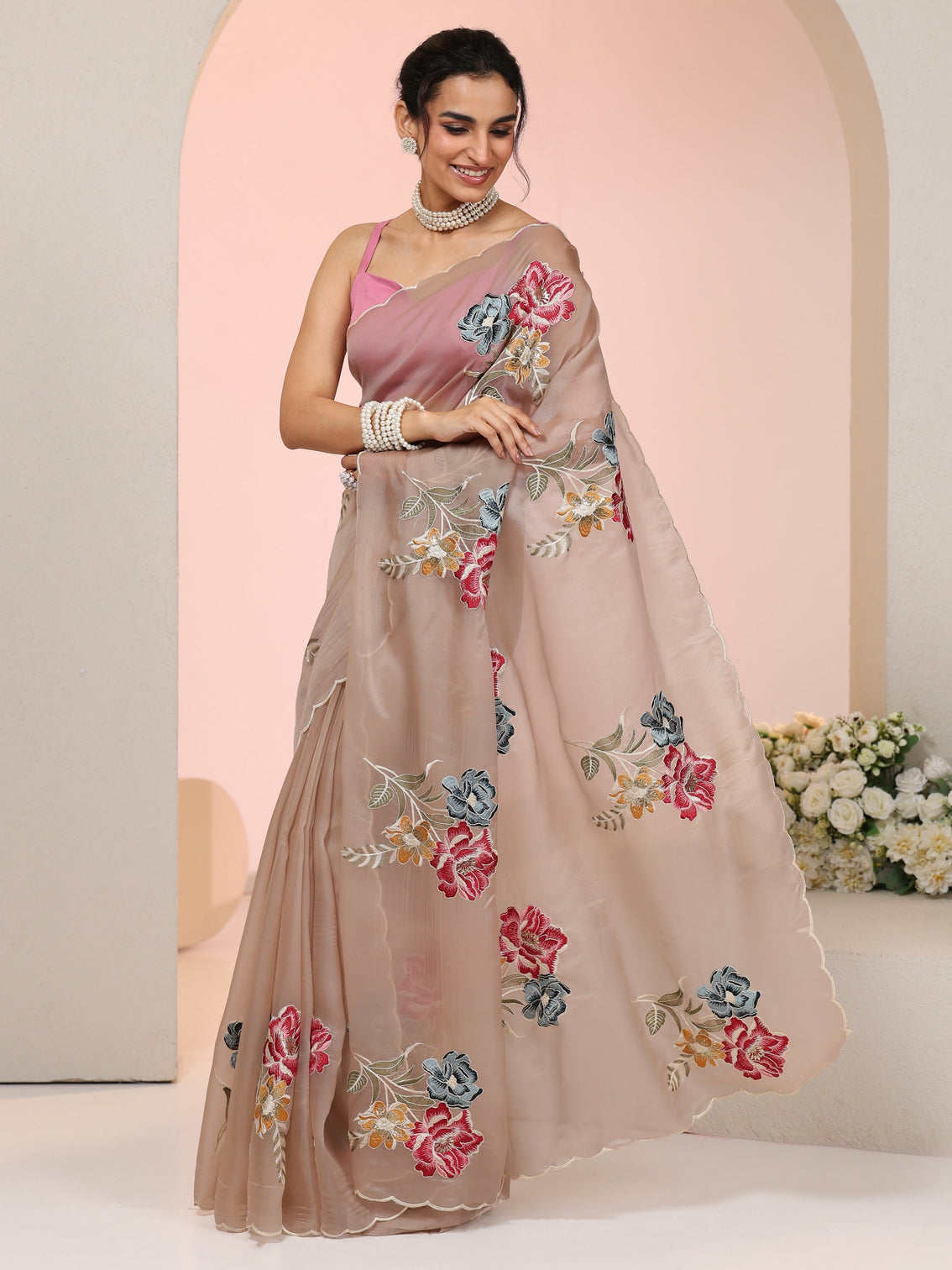Mameraa Beige Floral Embroidered Tissue Saree with Scalloped Border