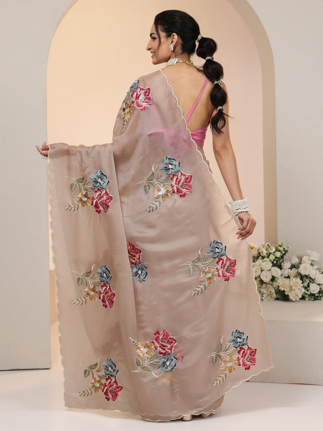 Mameraa Beige Floral Embroidered Tissue Saree with Scalloped Border