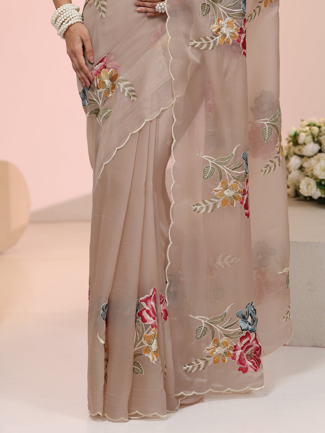 Mameraa Beige Floral Embroidered Tissue Saree with Scalloped Border