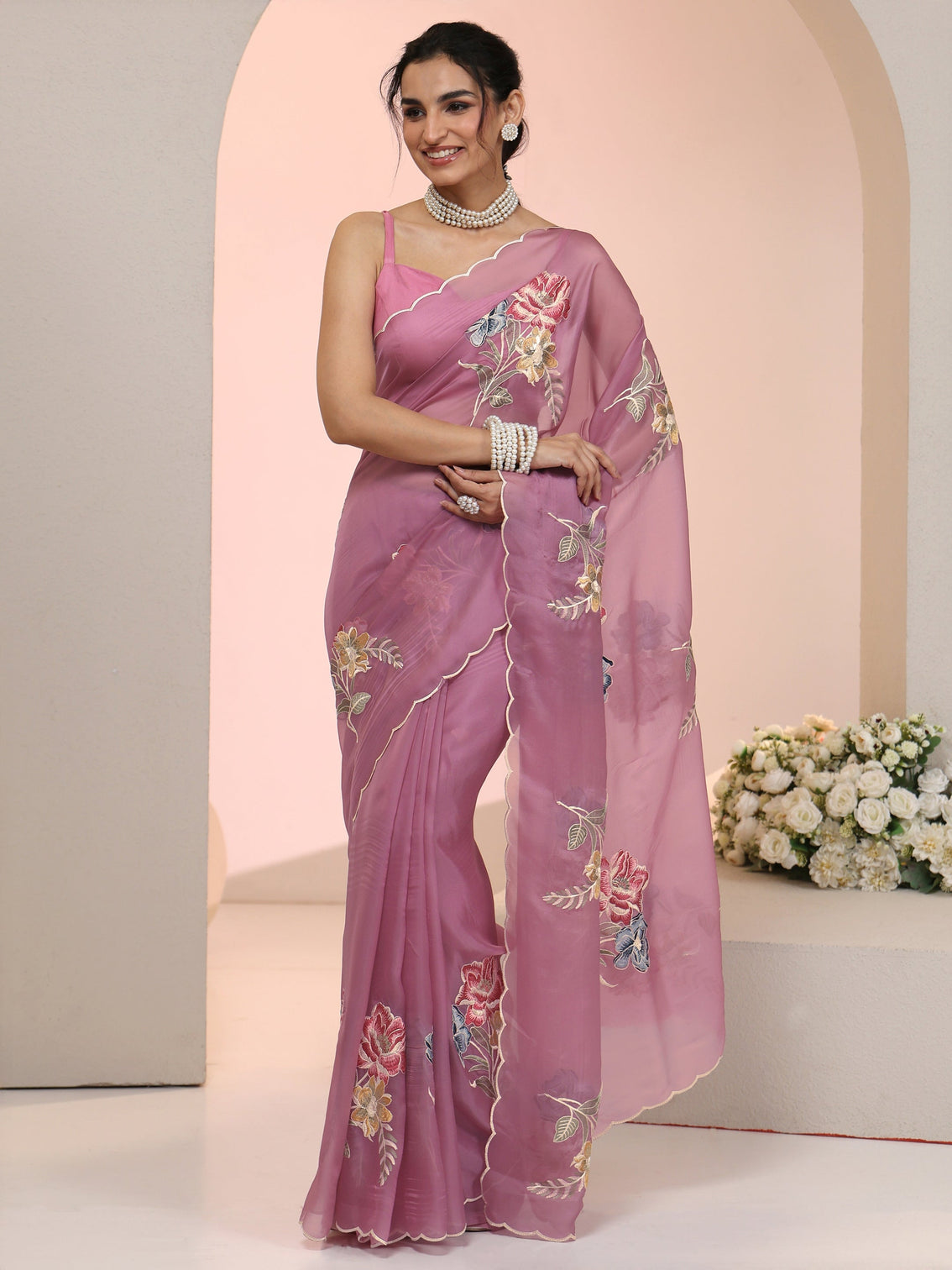 Mameraa Mauve Floral Embroidered Tissue Saree with Scalloped Border
