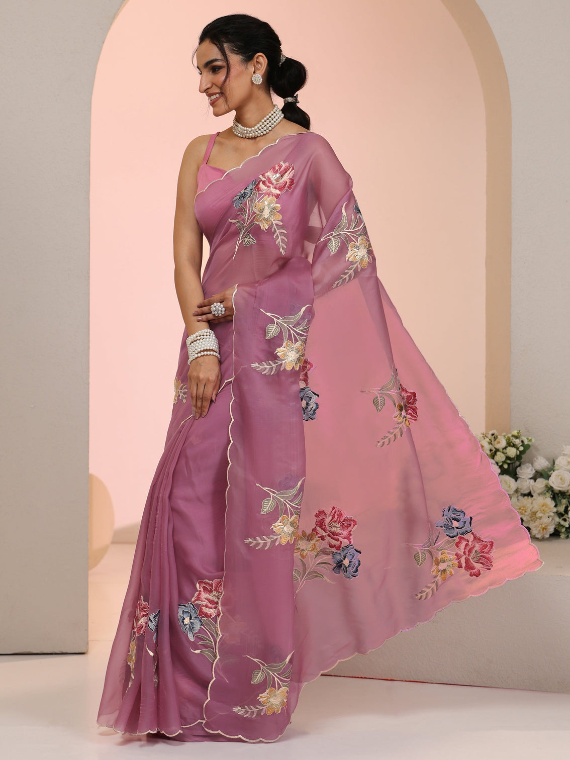 Mameraa Mauve Floral Embroidered Tissue Saree with Scalloped Border