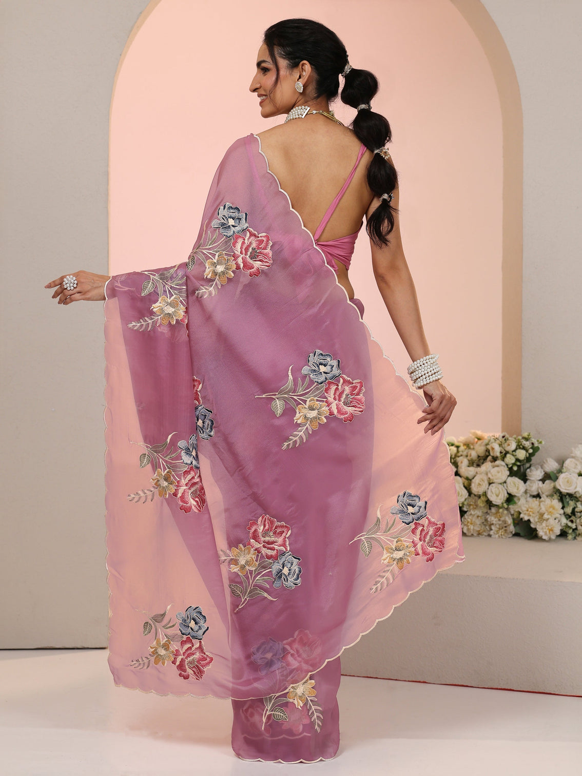 Mameraa Mauve Floral Embroidered Tissue Saree with Scalloped Border