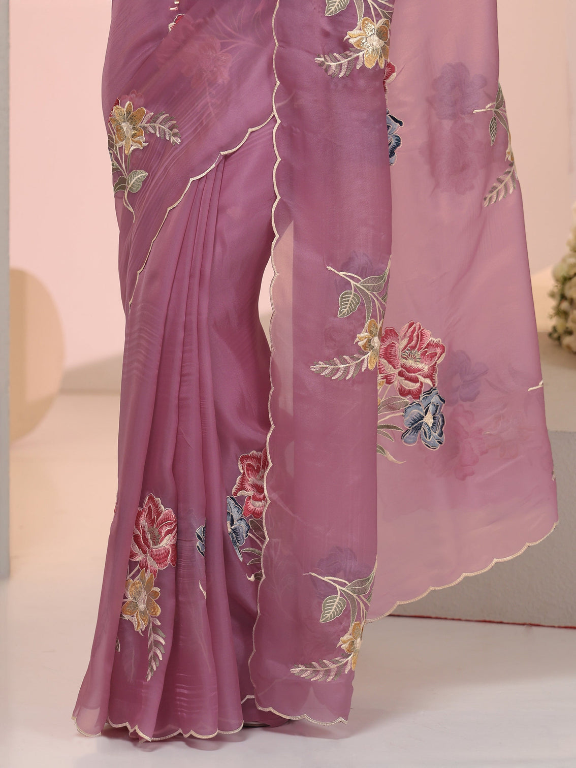 Mameraa Mauve Floral Embroidered Tissue Saree with Scalloped Border