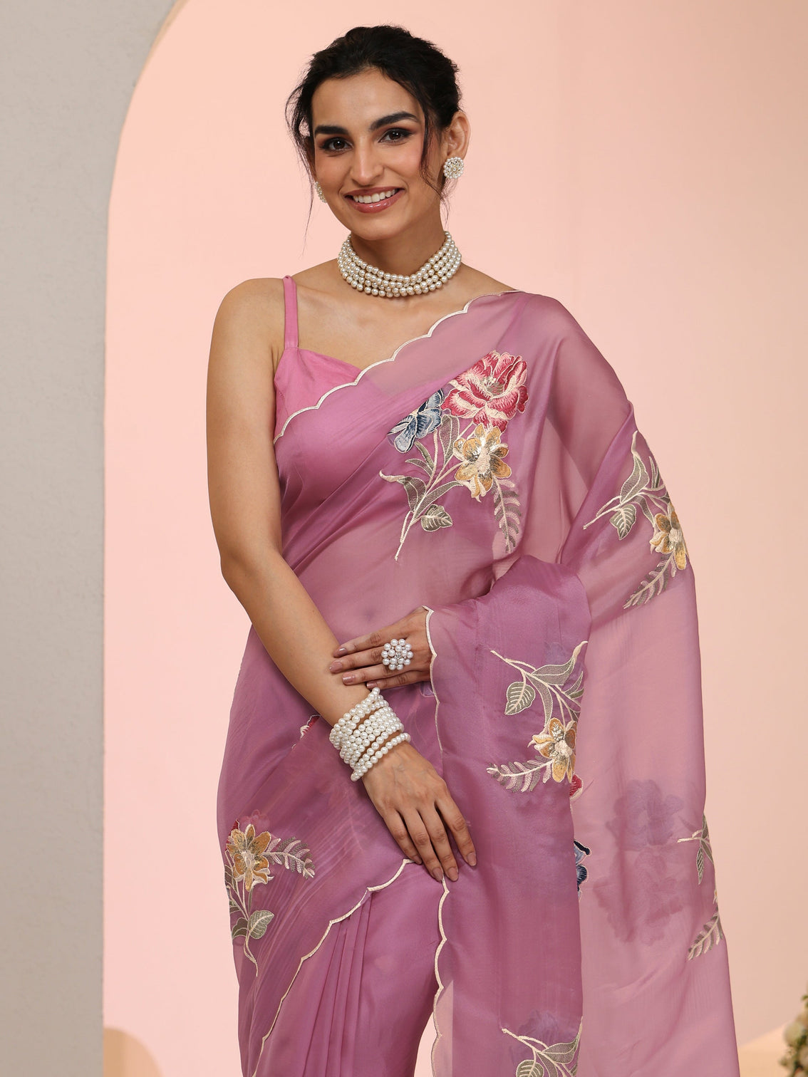 Mameraa Mauve Floral Embroidered Tissue Saree with Scalloped Border
