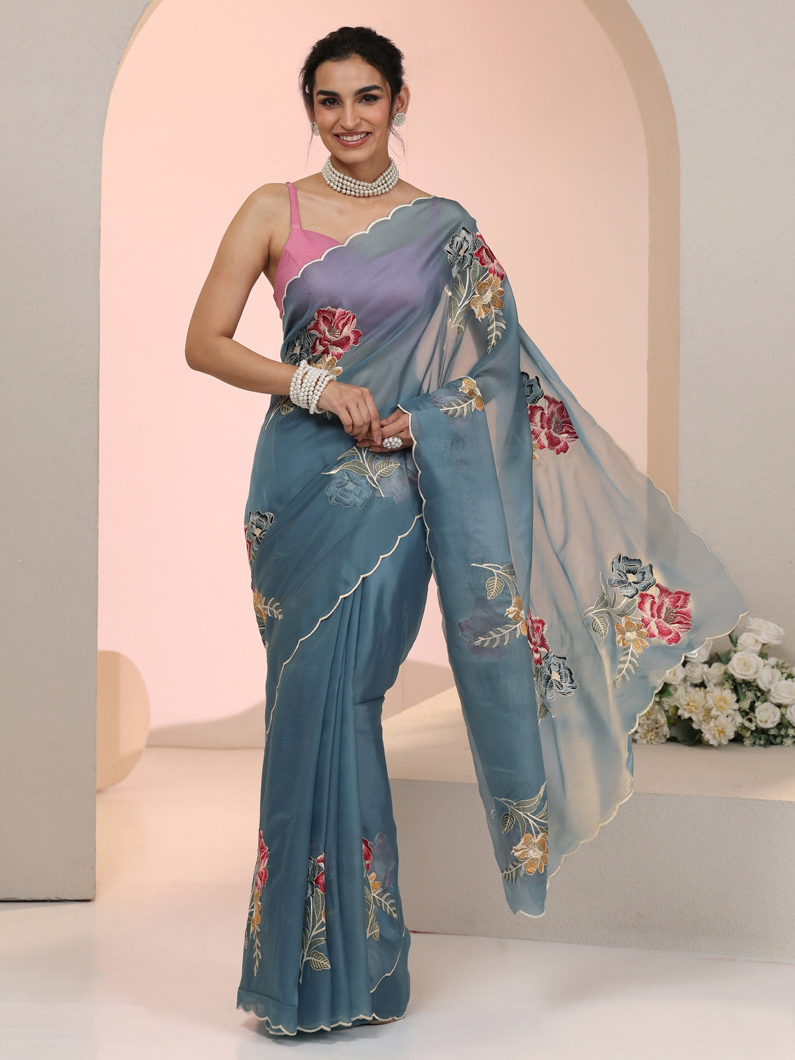 Mameraa Steel Blue Floral Embroidered Tissue Saree with Scalloped Border