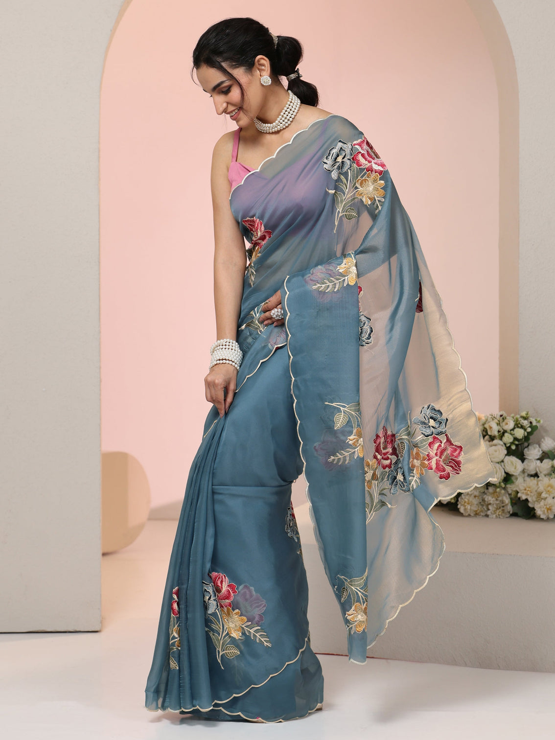 Mameraa Steel Blue Floral Embroidered Tissue Saree with Scalloped Border