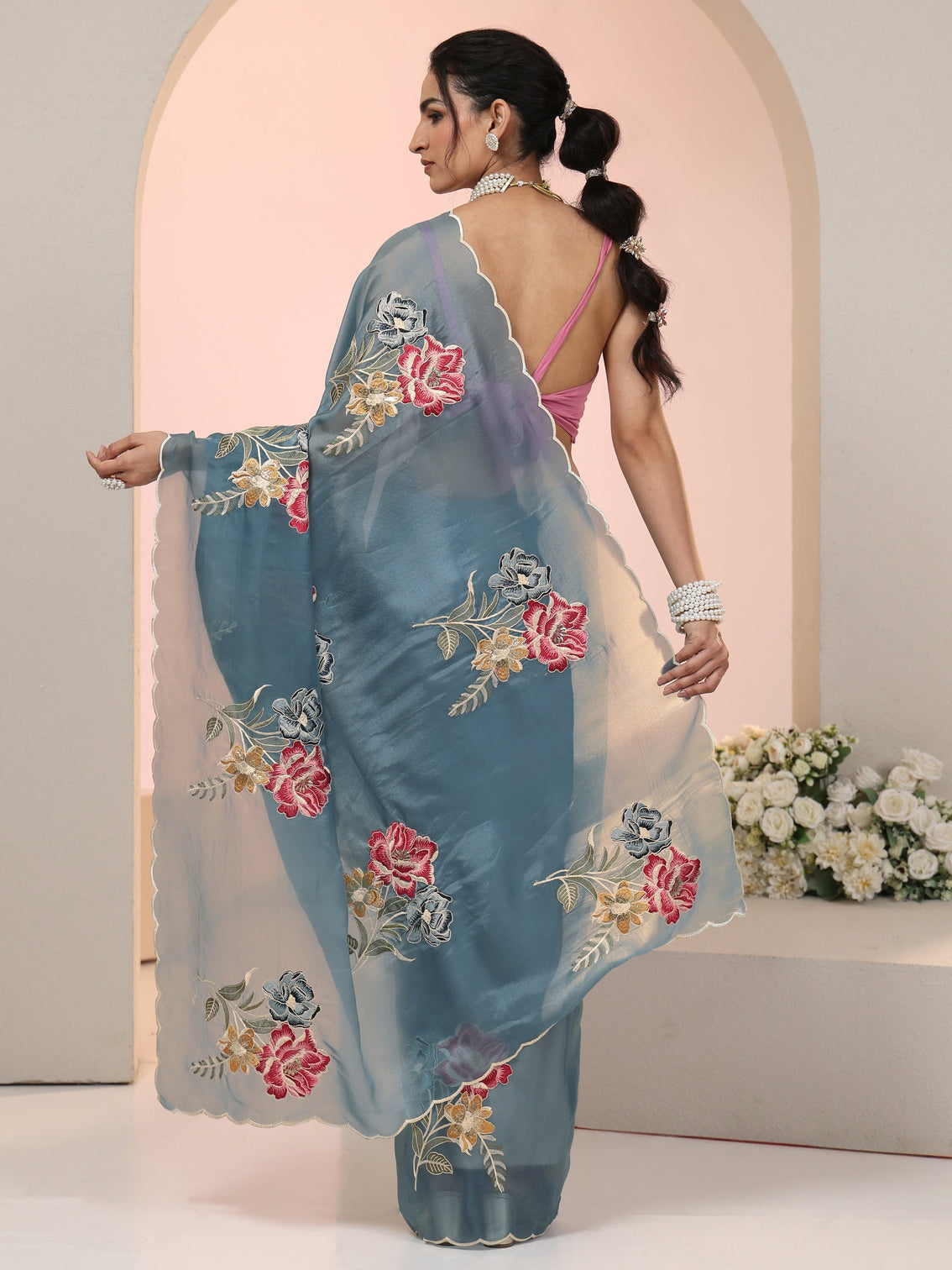 Mameraa Steel Blue Floral Embroidered Tissue Saree with Scalloped Border