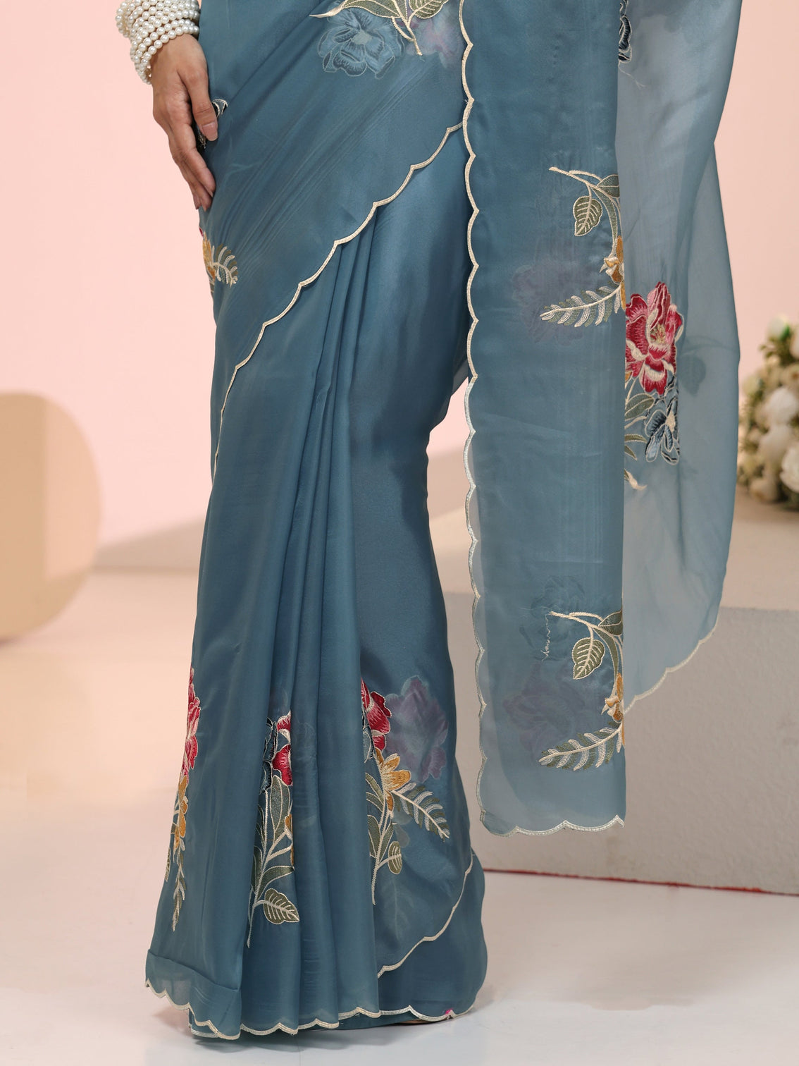 Mameraa Steel Blue Floral Embroidered Tissue Saree with Scalloped Border