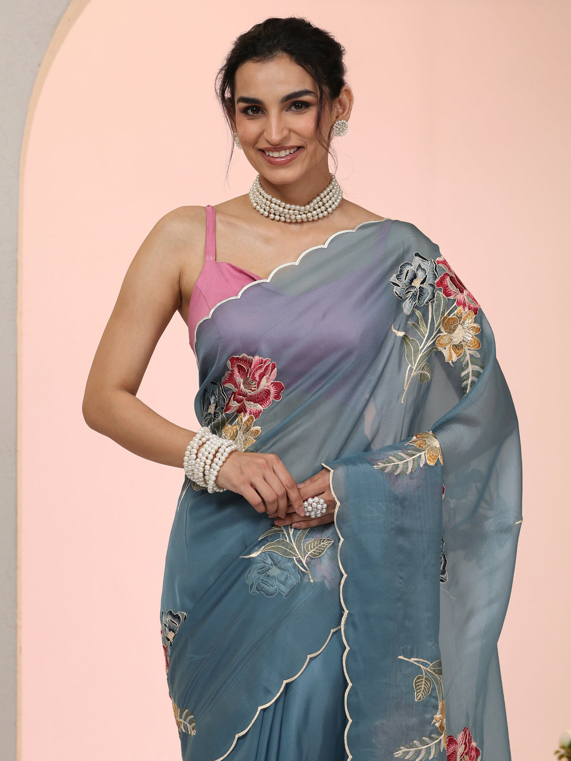 Mameraa Steel Blue Floral Embroidered Tissue Saree with Scalloped Border