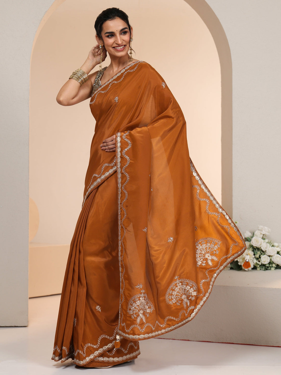 Mameraa Rust Embroidered Silk Blend Saree