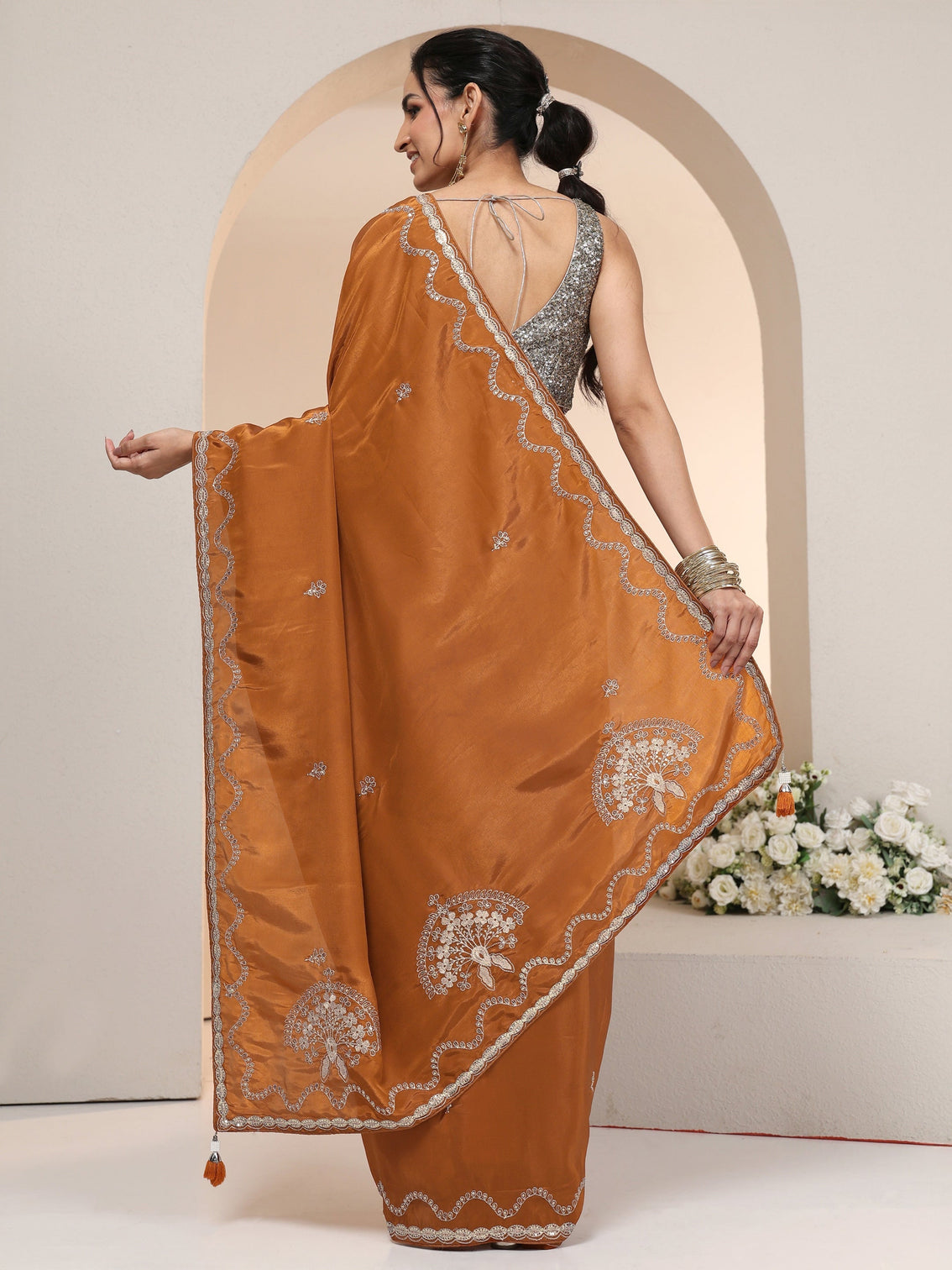 Mameraa Rust Embroidered Silk Blend Saree