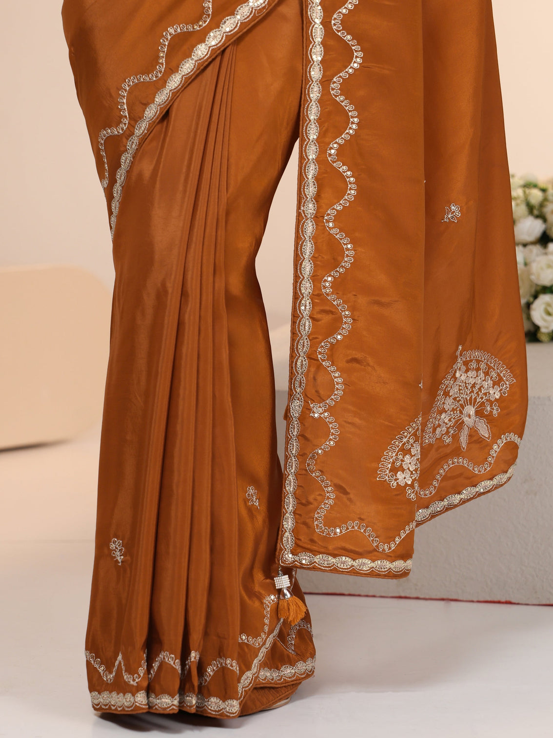 Mameraa Rust Embroidered Silk Blend Saree