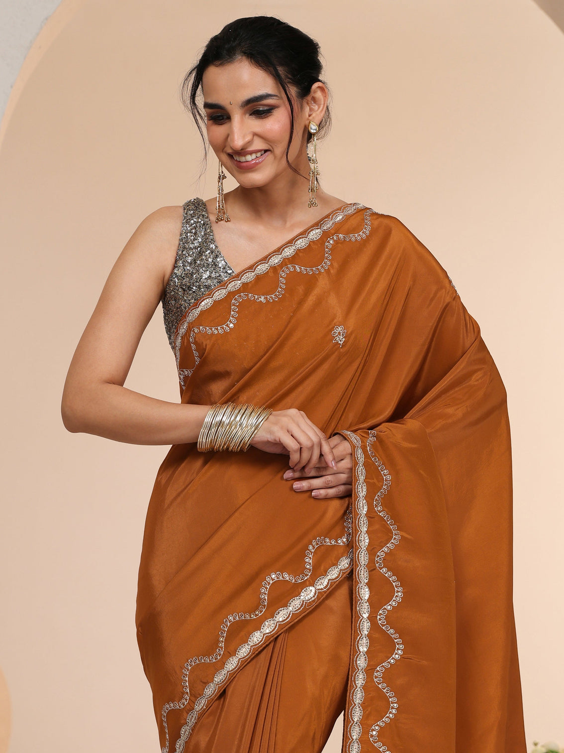 Mameraa Rust Embroidered Silk Blend Saree