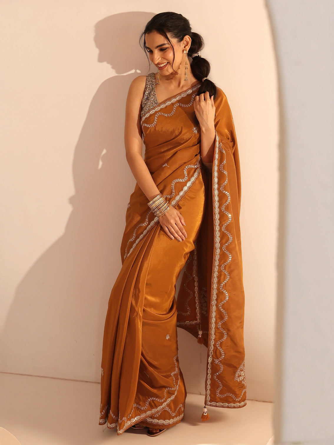 Mameraa Rust Embroidered Silk Blend Saree