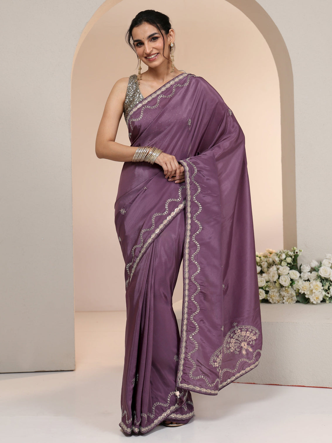 Mameraa Dusty Plum Purple Embroidered Silk Blend Saree