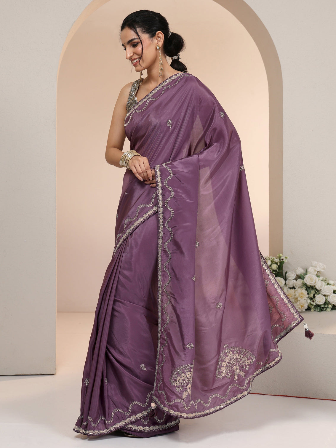 Mameraa Dusty Plum Purple Embroidered Silk Blend Saree