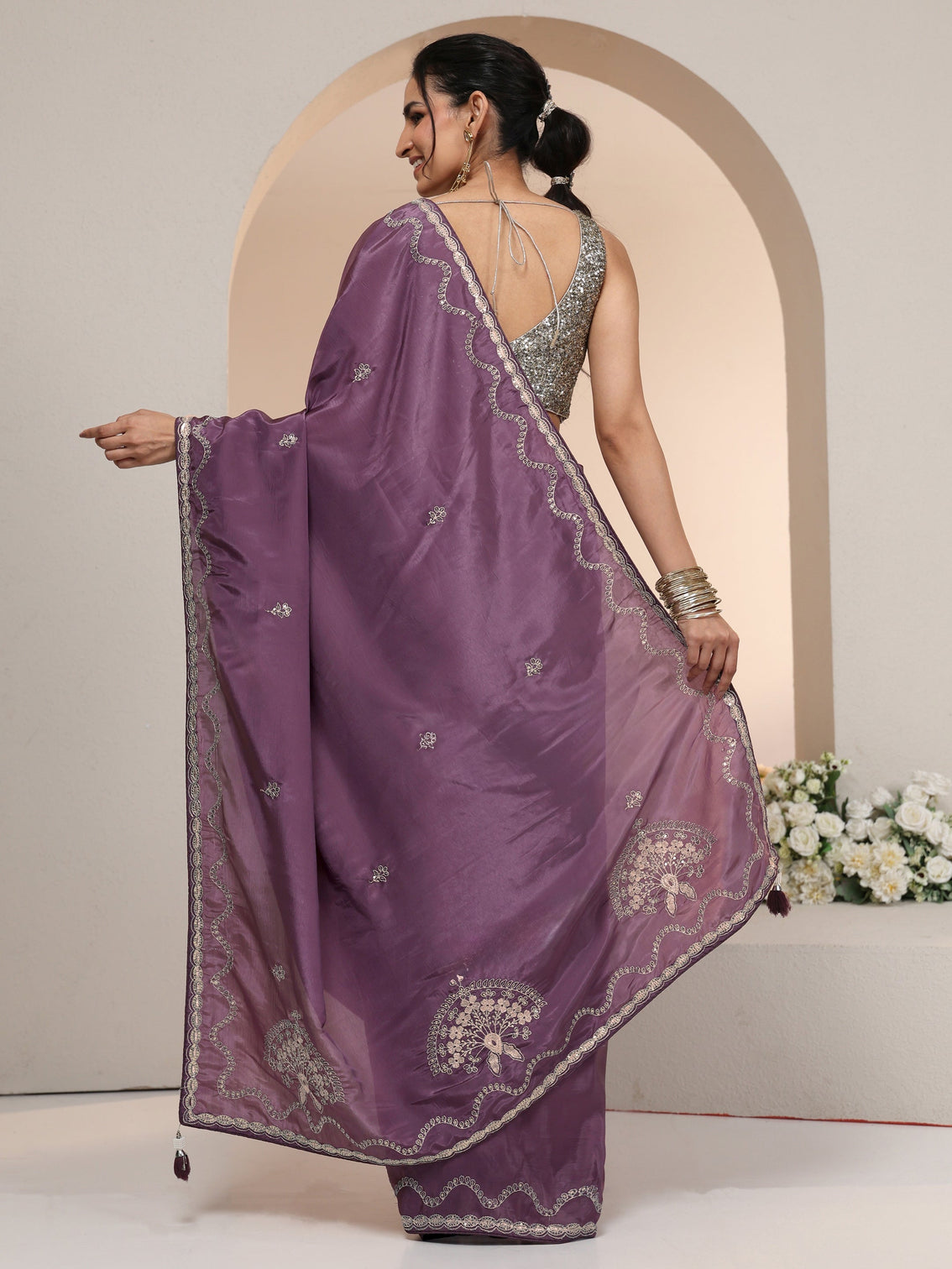 Mameraa Dusty Plum Purple Embroidered Silk Blend Saree