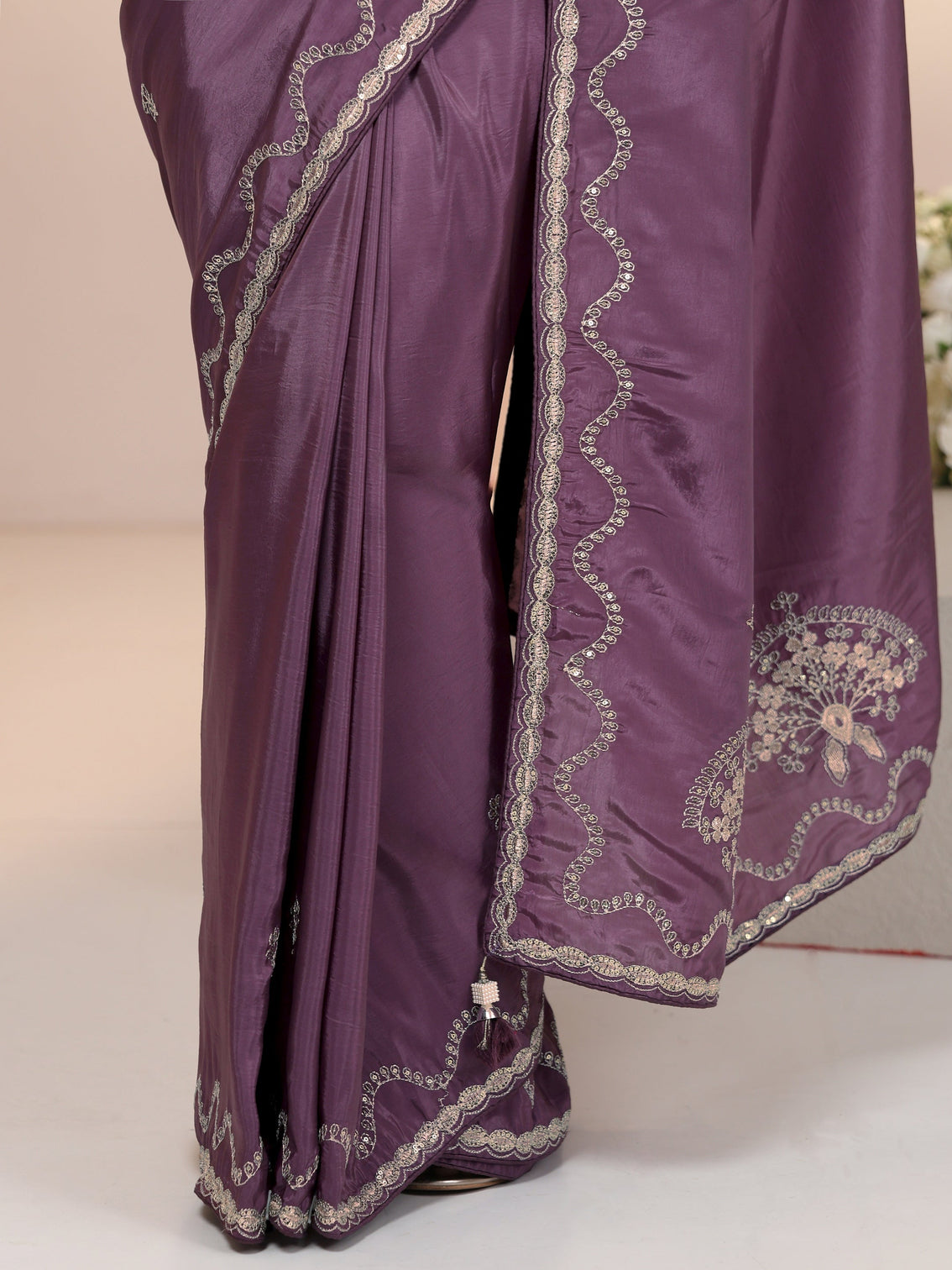 Mameraa Dusty Plum Purple Embroidered Silk Blend Saree
