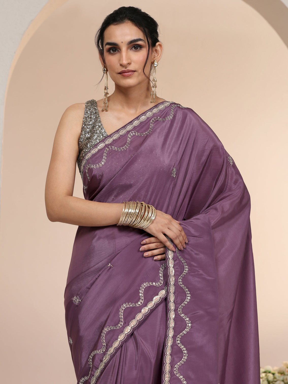 Mameraa Dusty Plum Purple Embroidered Silk Blend Saree