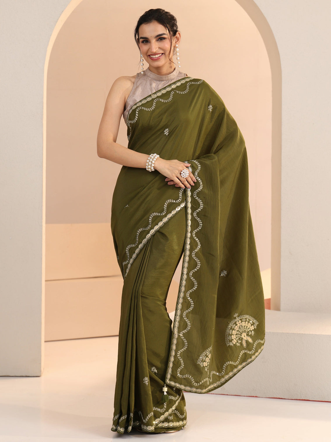 Mameraa Henna Green Embroidered Silk Blend Saree