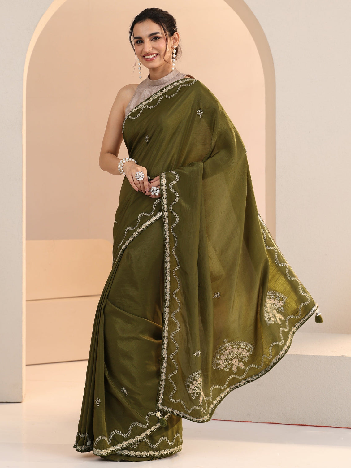 Mameraa Henna Green Embroidered Silk Blend Saree
