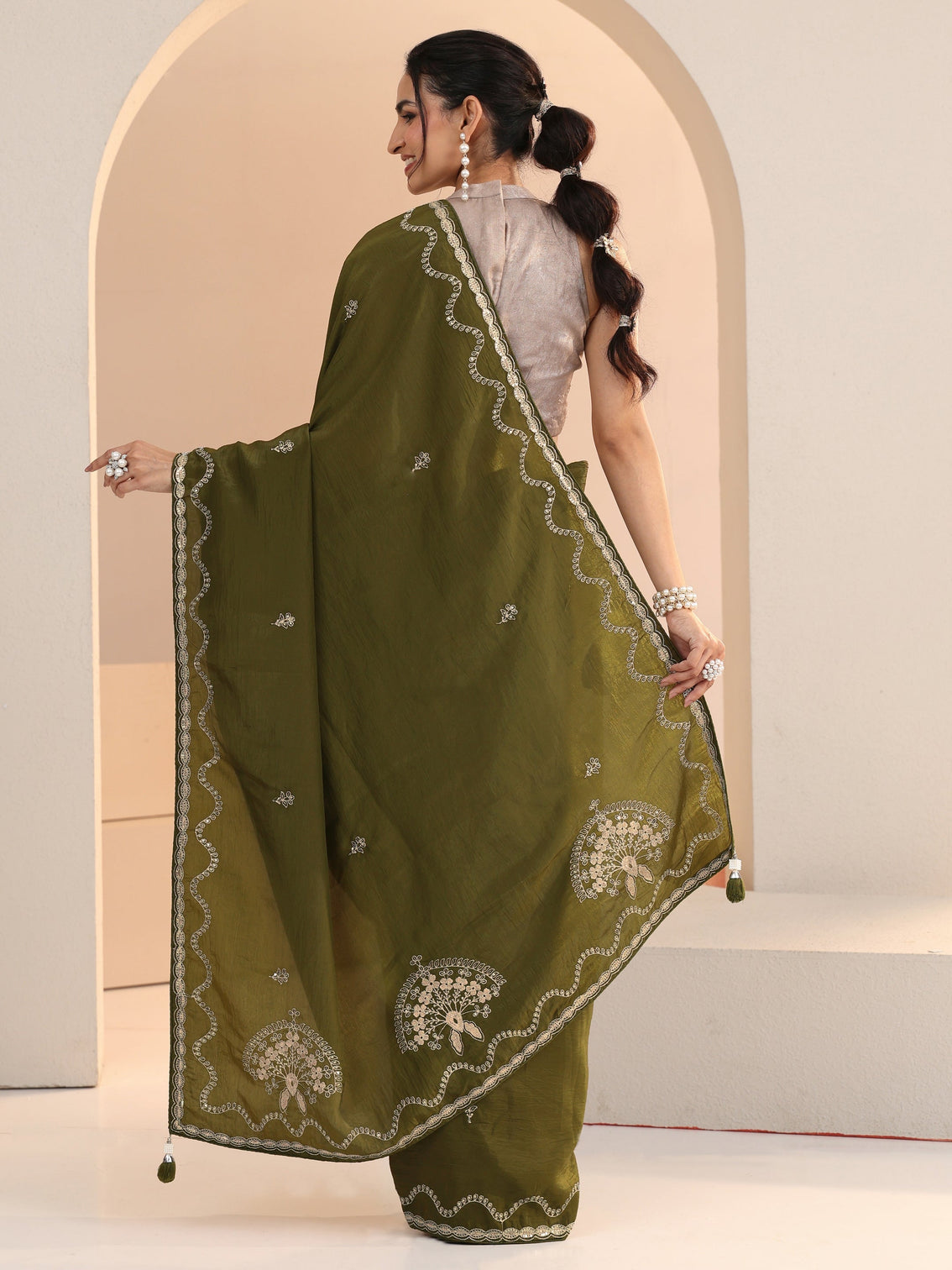 Mameraa Henna Green Embroidered Silk Blend Saree