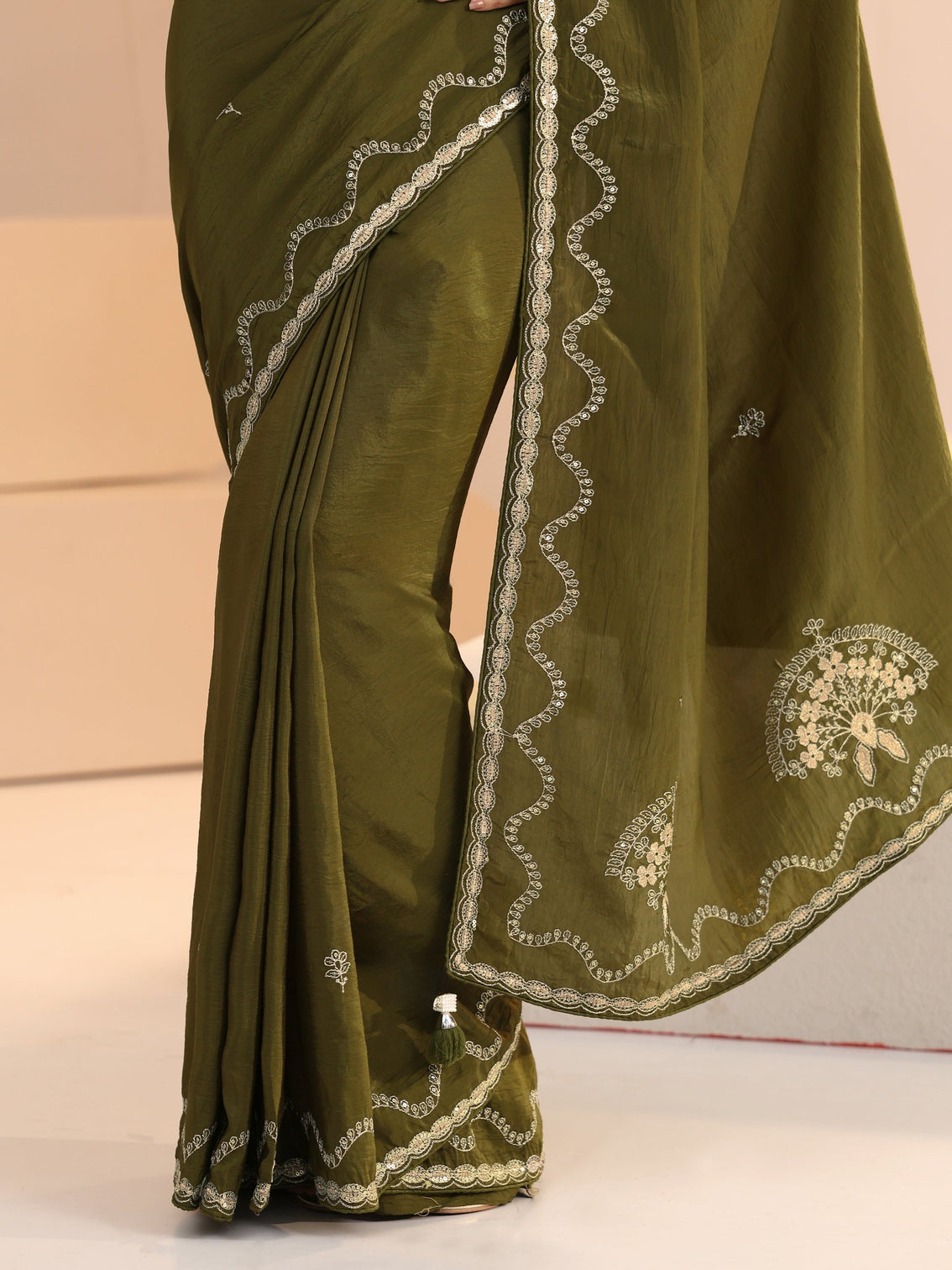 Mameraa Henna Green Embroidered Silk Blend Saree