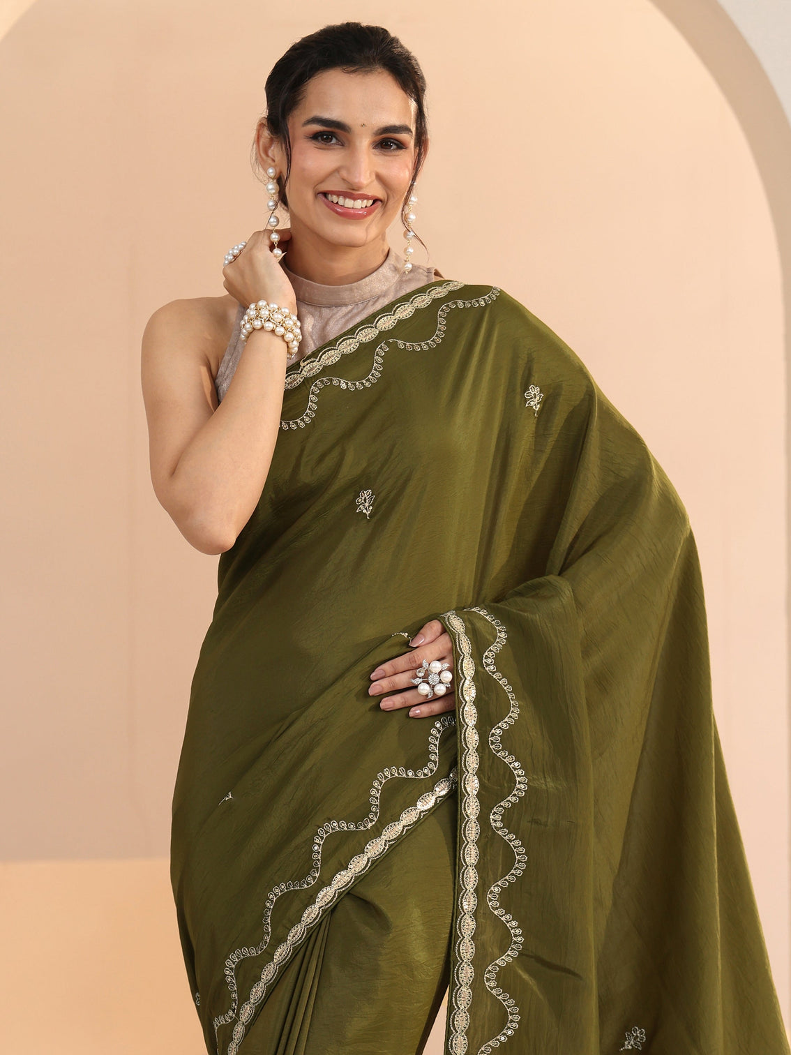 Mameraa Henna Green Embroidered Silk Blend Saree