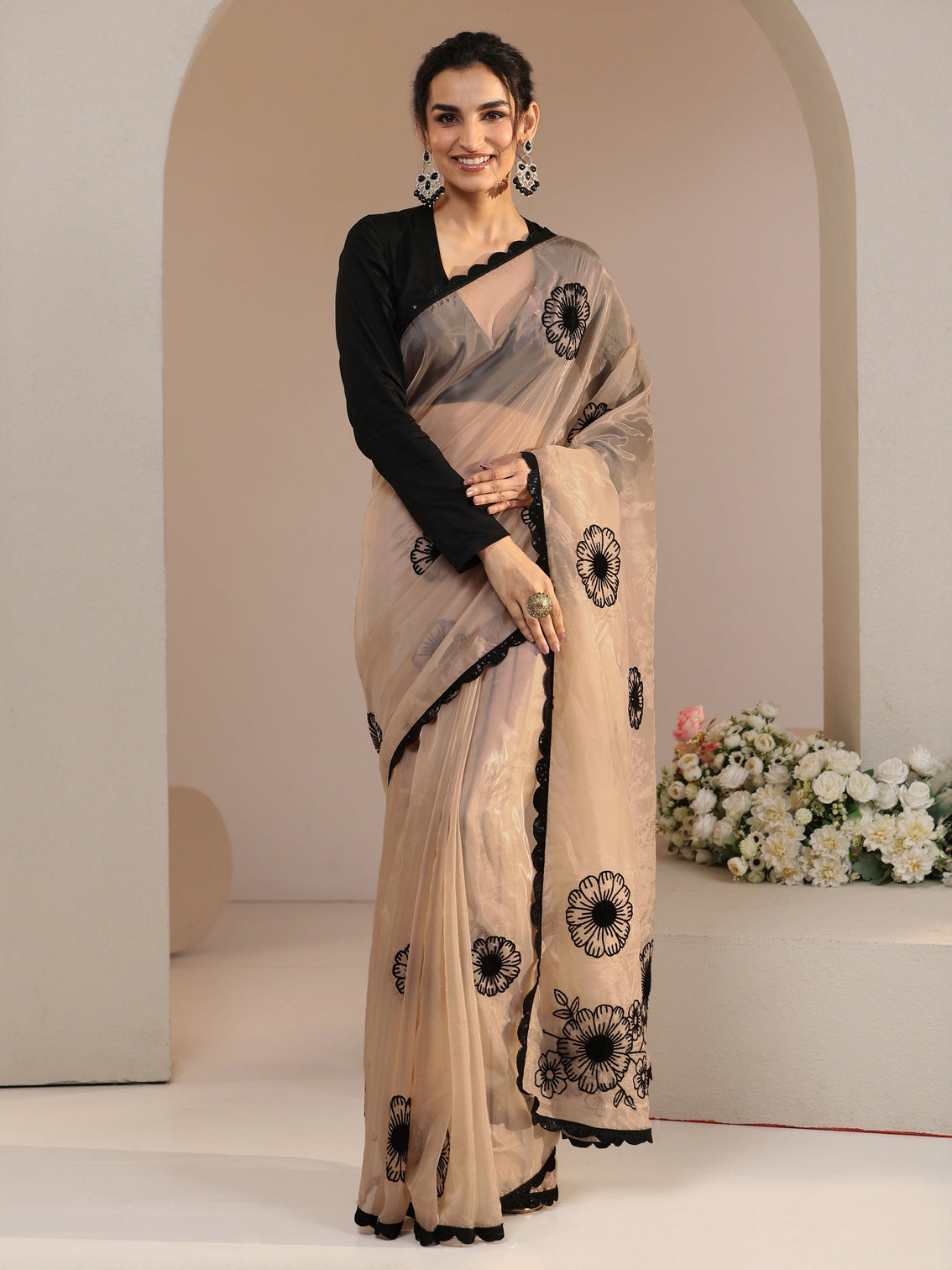 Mameraa Beige Floral Embroidered Tissue Saree with Scalloped Border