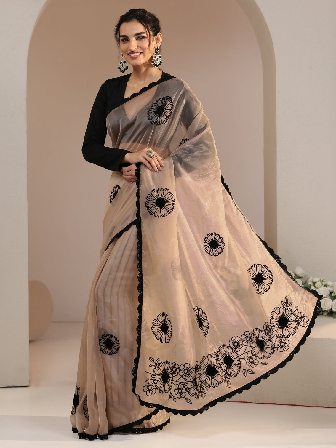 Mameraa Beige Floral Embroidered Tissue Saree with Scalloped Border