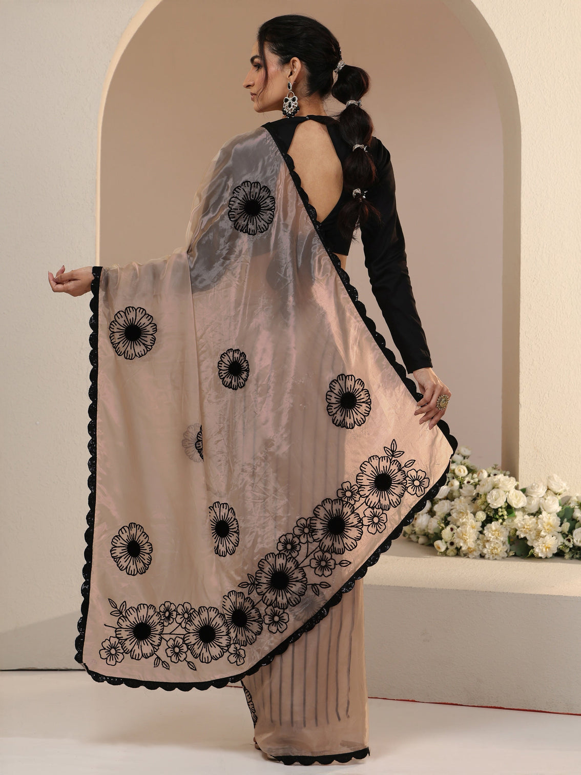 Mameraa Beige Floral Embroidered Tissue Saree with Scalloped Border
