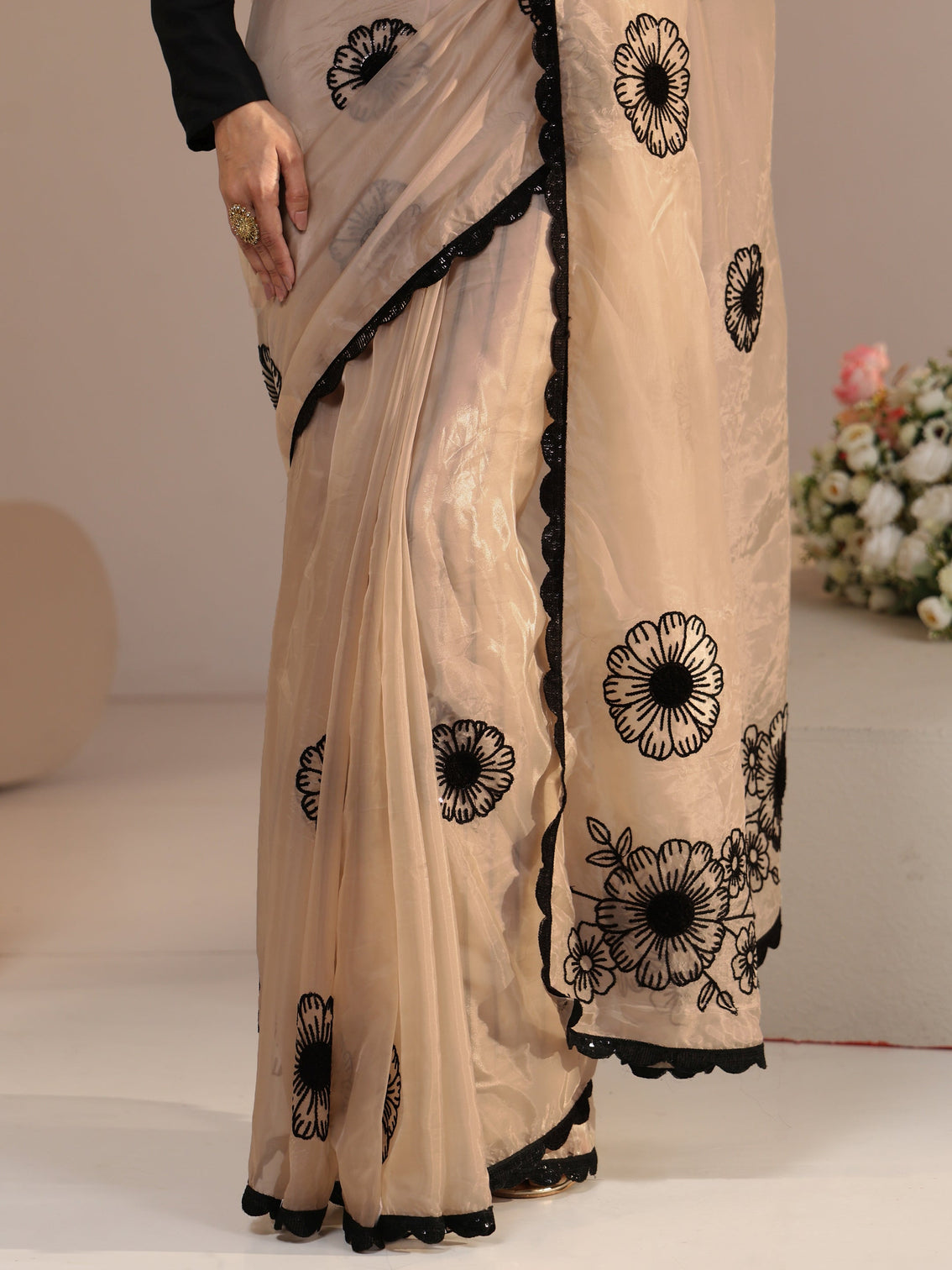 Mameraa Beige Floral Embroidered Tissue Saree with Scalloped Border
