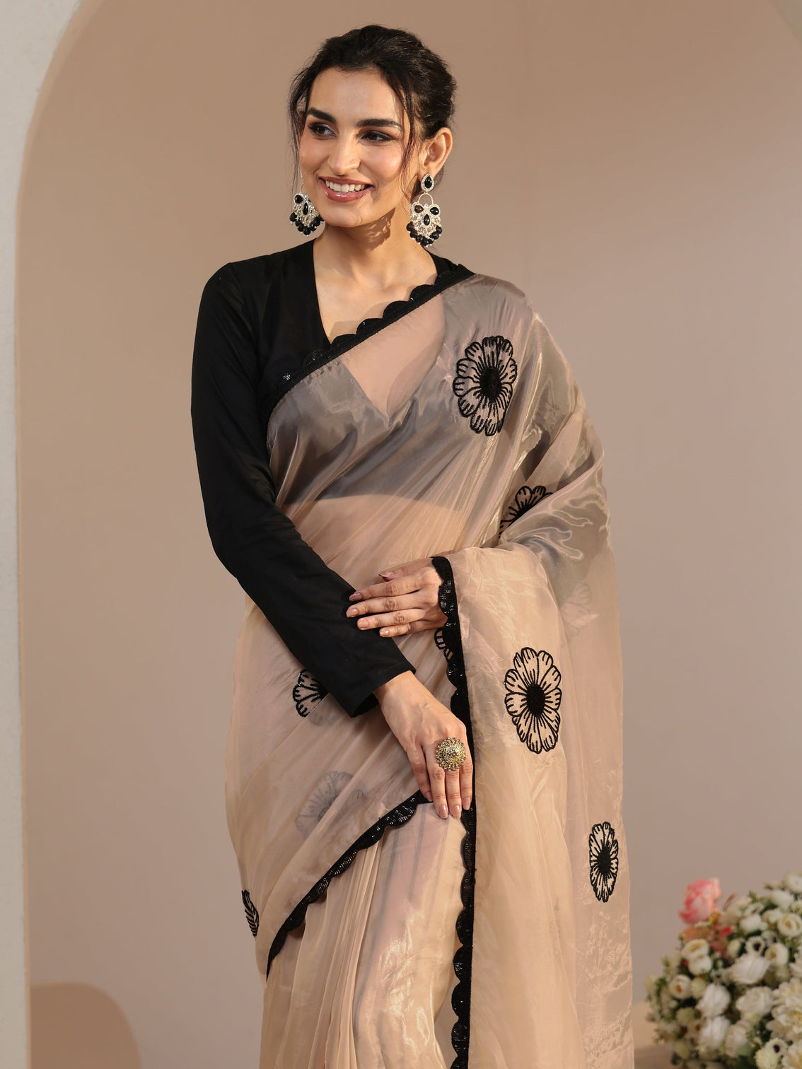 Mameraa Beige Floral Embroidered Tissue Saree with Scalloped Border