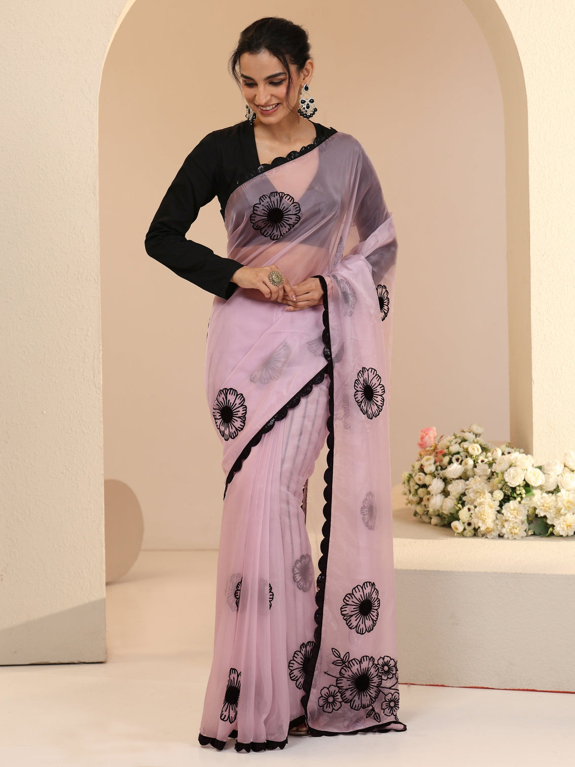 Mameraa Baby Pink Floral Embroidered Tissue Saree with Scalloped Border