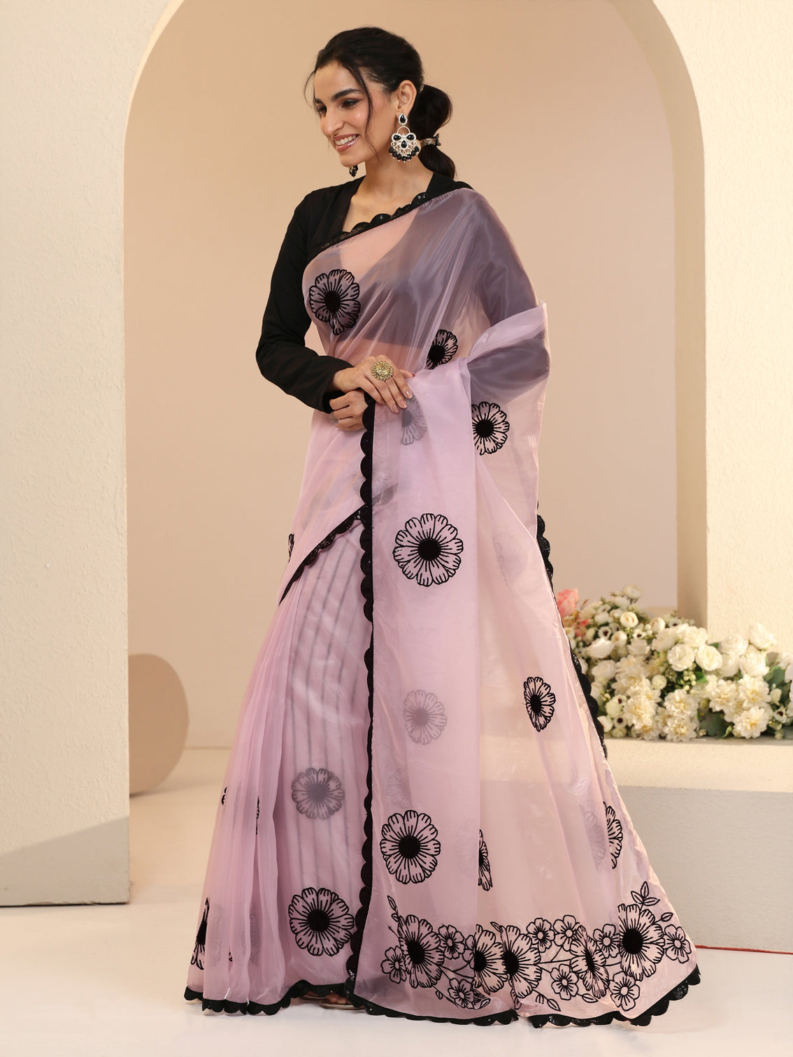 Mameraa Baby Pink Floral Embroidered Tissue Saree with Scalloped Border